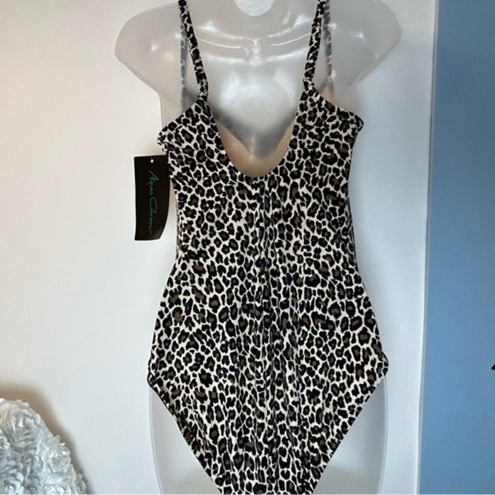 Aqua Green Animal Print Mob Wife 1PC Swimsuit Large 12/14 NWT - Picture 10 of 14